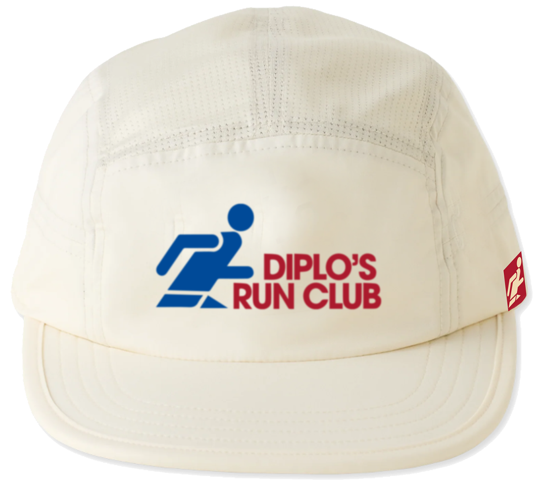 A white running cap with an embroidered logo that reads 'Diplo's Run Club' on the front.